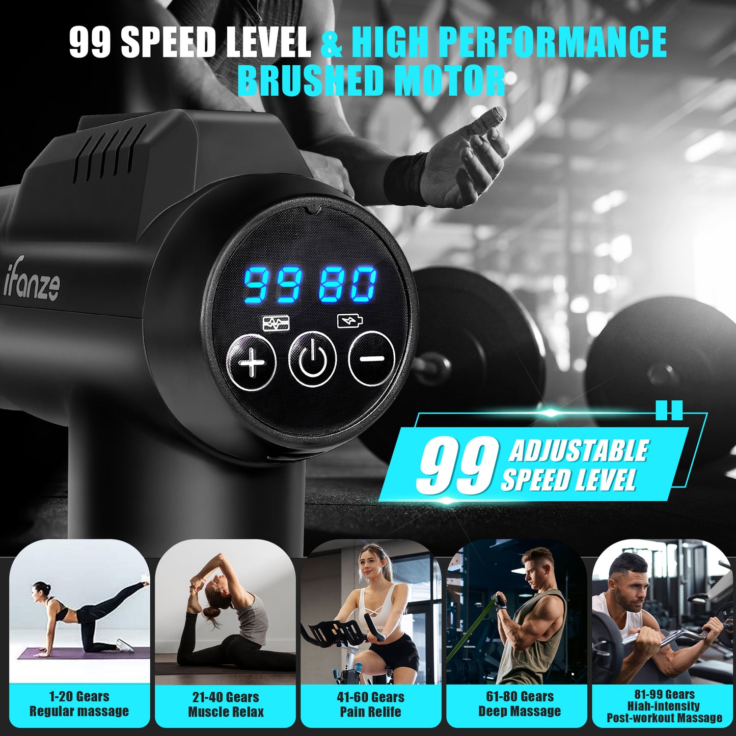 Massage Gun Deep Tissue, 99 Speeds Quiet Handheld Electric Muscle Massager with 8 Replacement Heads for Gym Office Home Post-Workout Recovery, Black