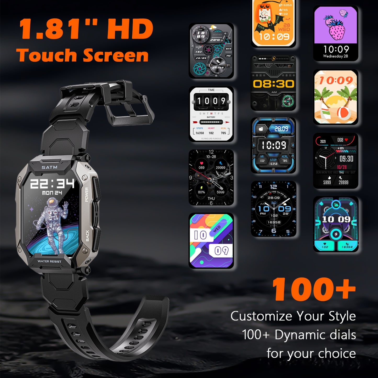 Military Smart Watches for Men, 1.81'' HD Outdoor Sports Rugged Smartwatch for Android and iPhone Compatible, Black
