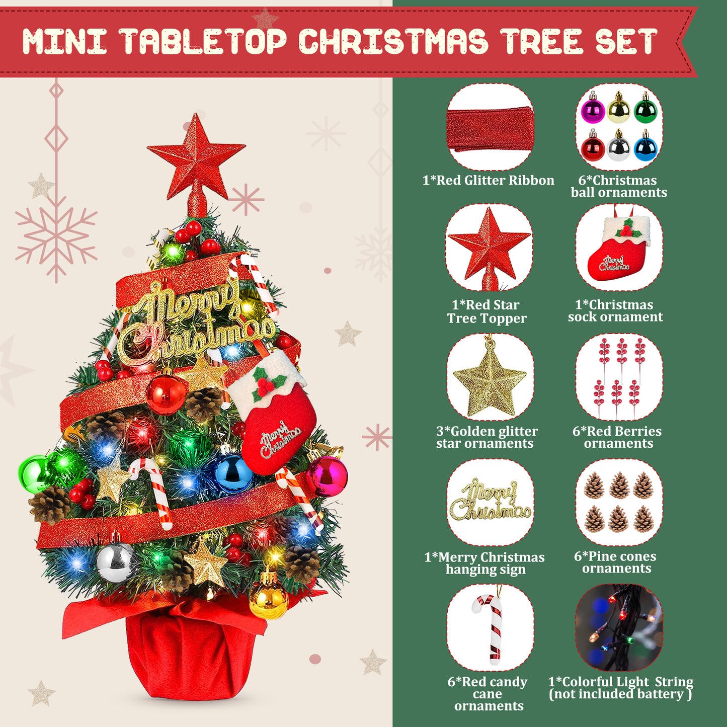 24" Pre-Li Tabletop Mini Christmas Tree Set with LED Light and Star Treetop Ornaments Balls Bells Pine Cones for Indoor Outdoor Xmas Decoration Home Fireplace Front Door, Include Wooden Base