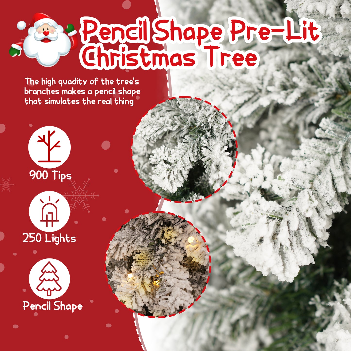 7ft Pre-Lit Artificial Pencil Christmas Tree Snow Flocked Slim Skinny Xmas Tree Holiday Decoration with 900 Tips and 250 Warm Lights