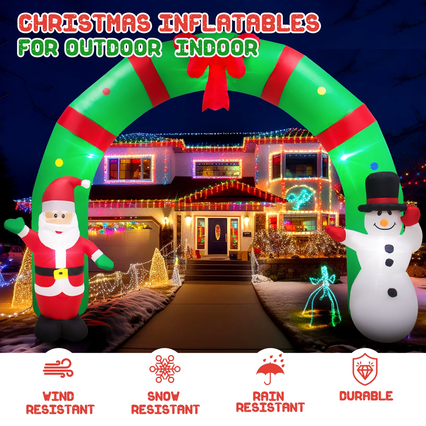 10ft Long Lighted Christmas Inflatable Archway Arch with Santa Claus and Snowman Inflatables Cute Indoor Outdoor Garden Yard Party LED Lights Prop Christmas Decoration