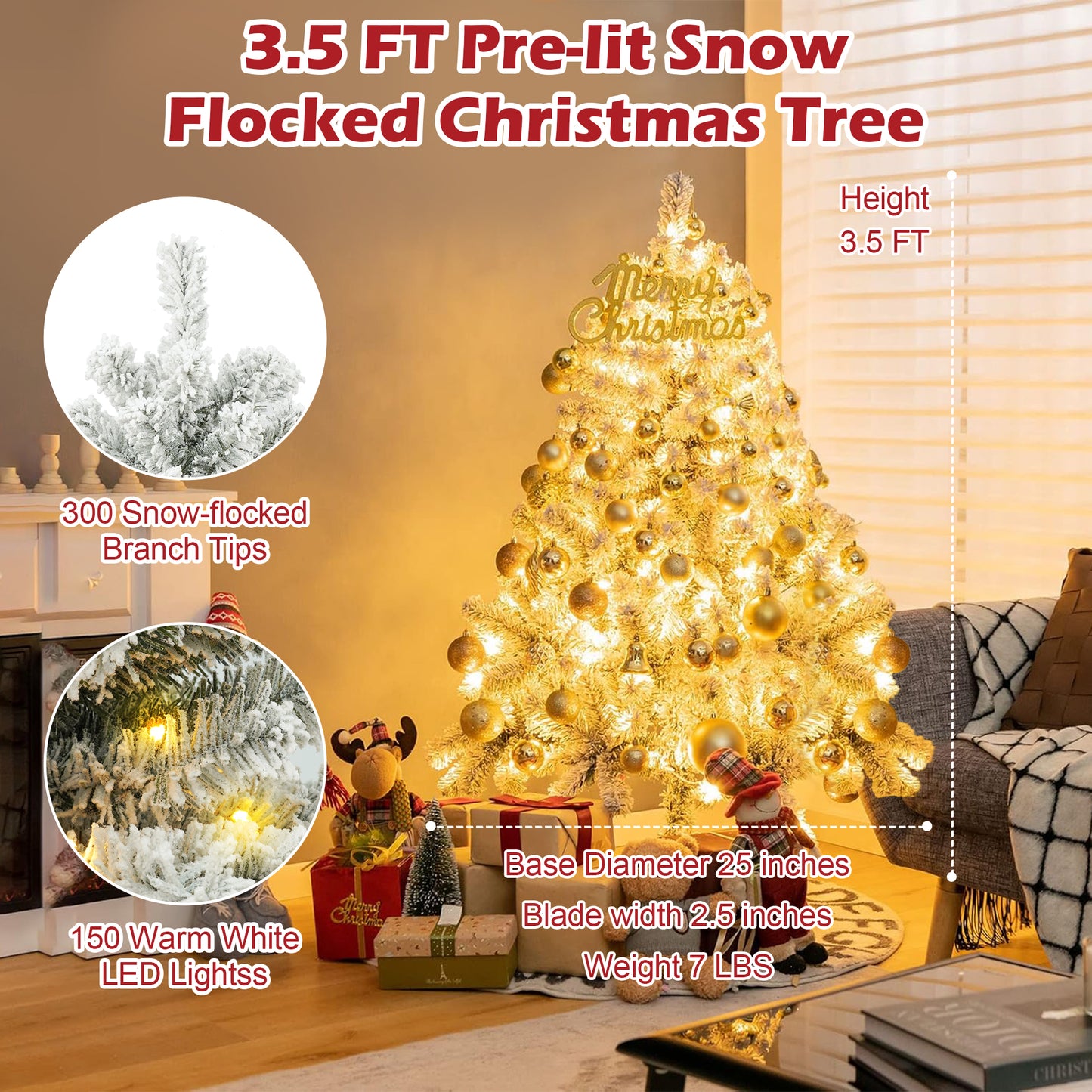 3.5 FT Pre-Lit Premium Snow Flocked Christmas Tree w/ 150 Lights 300 Tips, Hinged Artificial Holiday Xmas Christmas Decoration, Metal Base Stand, White