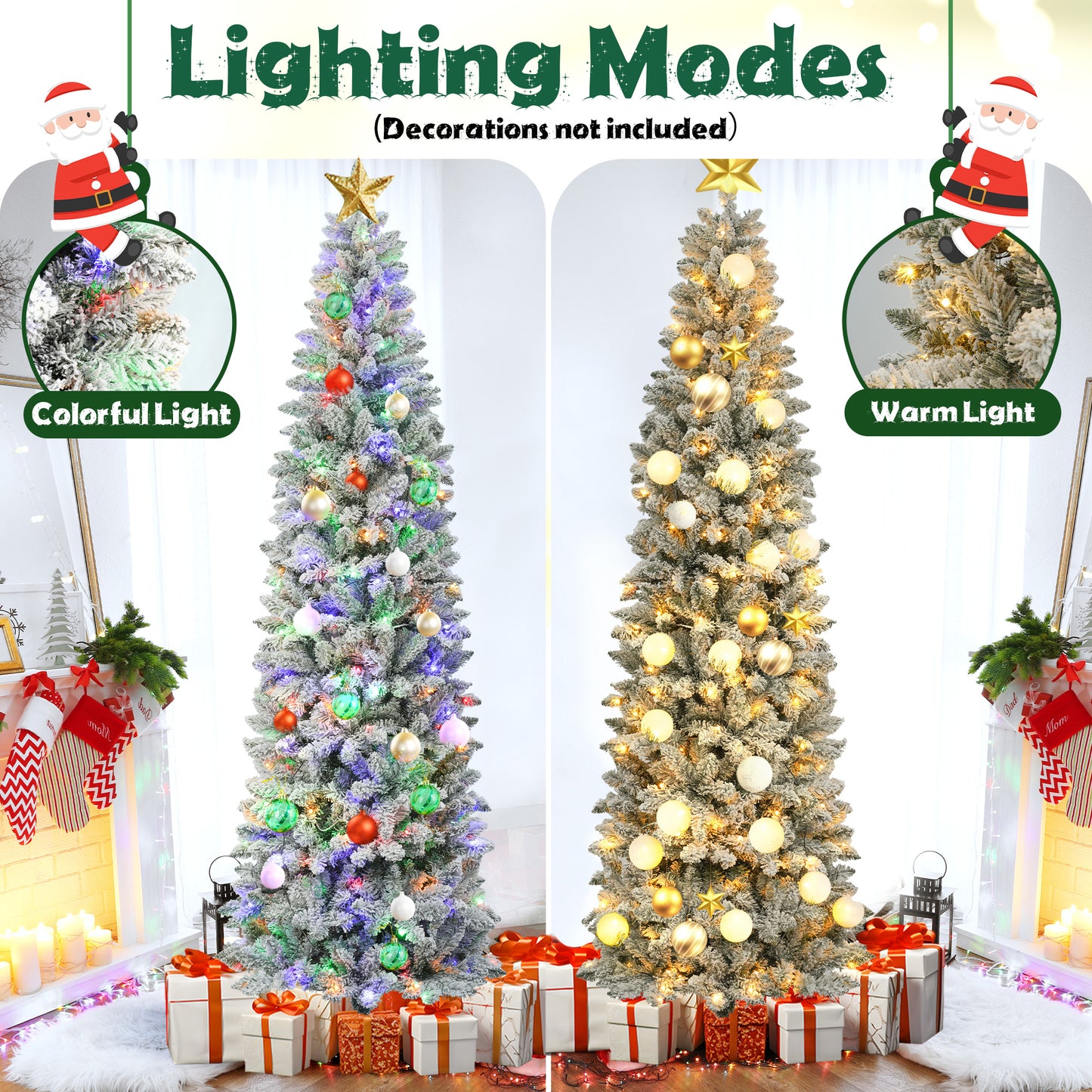 7.5FT Pre-Lit Snow Flocked Pencil Christmas Tree, 250 Lights 1000 Tips Artificial Xmas Tree with 8 Light-Modes, Metal Base Stand for Home Holiday Decoration, White
