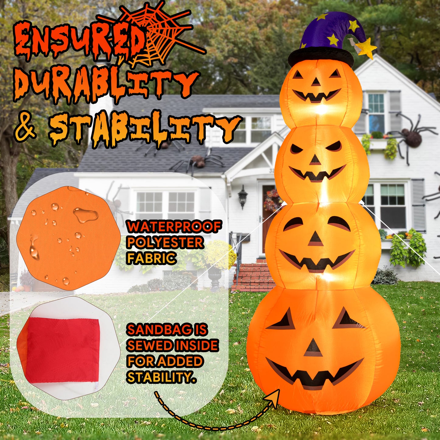 8 Ft Halloween Inflatable, Stacked Pumpkins with Witch Hat Inflatable with Build-in LED Lights, Blow up for Indoor Outdoor Lawn Yard Garden Home Party Halloween Decor, Orange