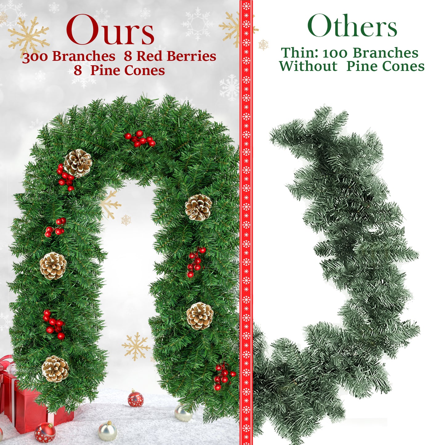 2 Pack Christmas Garland,9 ft Artificial Christmas Garland Outdoor with Pinecones and Red Berries for Xmas Holiday Decorations