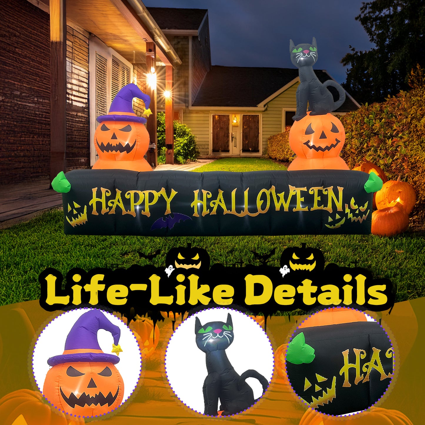 10Ft Long Halloween Inflatable Decorations with LED Lights, Happy Halloween Sign with Pumpkin and Cat for Yard Lawn Yard Home Party Indoor Outdoor