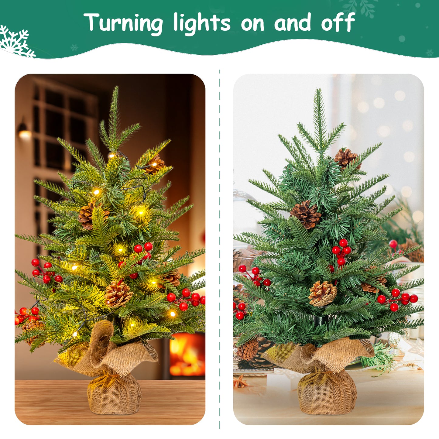 24 inch Tabletop Christmas Tree, Artificial Mini Christmas Tree Desktop Christmas Pine Tree with Hanging Ornaments and Stand for Christmas Holiday Decoration