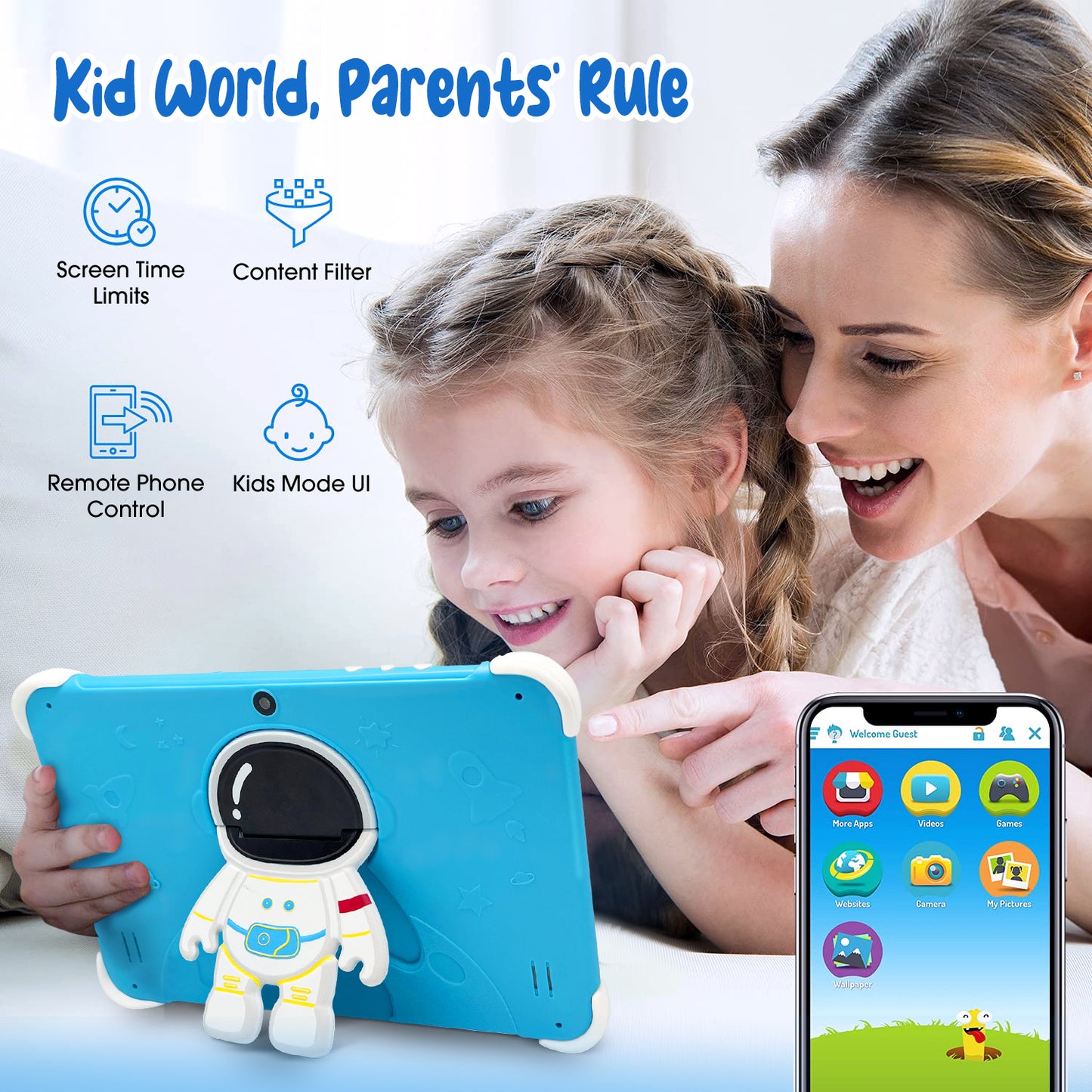 10.1 inch Kids Tablet, 64GB Storage WiFi Android 11 Tablet for Kids, HD Touch Screen, Parental Control, Learning Tablet with IWAWA Application, Children's Tablet with Blue Case S1