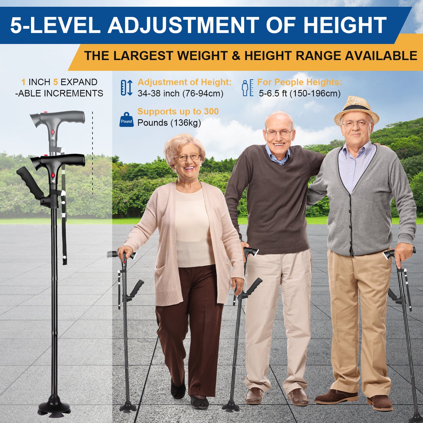 Walking Canes for Men & Women, Folding Canes with LED Flashlight, Fall Alarm, Heavy Duty, Pivot Tip, Foldable Walking Sticks for Seniors & Adults Balance