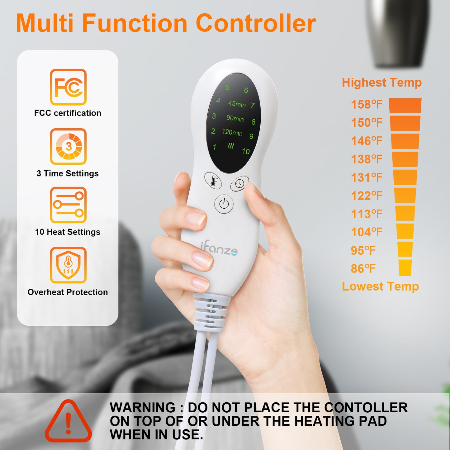 39" x 19" Electric Heating Pad for Back Muscle Relieve Dry & Moist Heat Therapy, 10 Electric Temperature Options, 3 Timer Settings Machine Washable(Silver Gray)