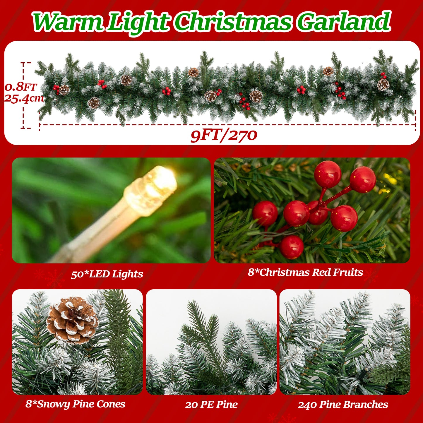 Melliful 9FT Pre-Lit Christmas Garland with Lights, Red Berries Branches Pine Cones Artificial Christmas Decoration for Outdoor Indoor Decor