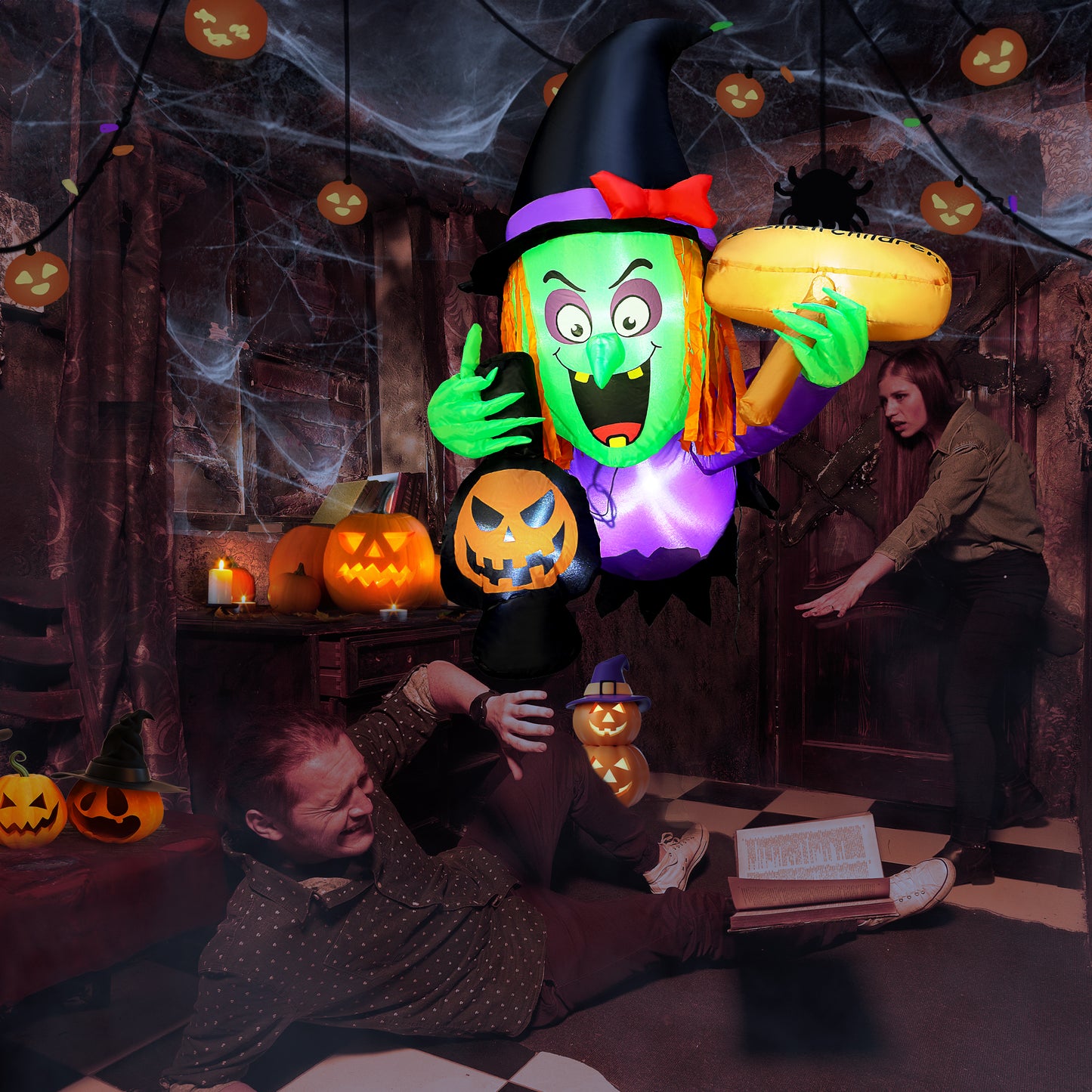 Posrue 4ft Halloween Inflatable Scary Witch Rush Out of Window ,with Built-in LED Lights, Inflatable for Halloween Party Indoor, Outdoor, Patio, Garden, Lawn Decoration