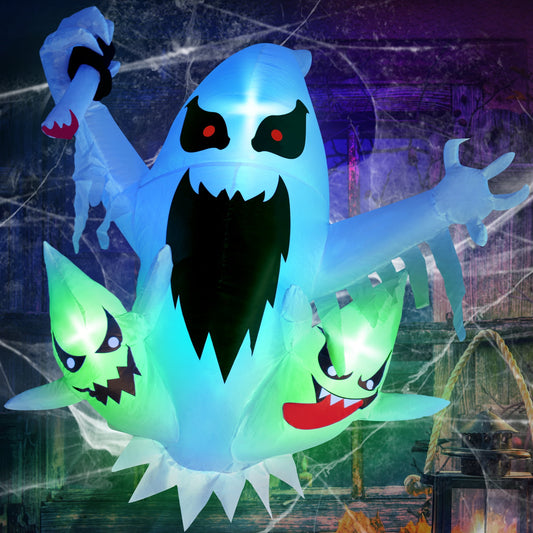 4 FT Halloween Inflatables Outdoor Decoration White Ghost Broke Out from Window Yard Decoration with Colorful LED Lights Built-in