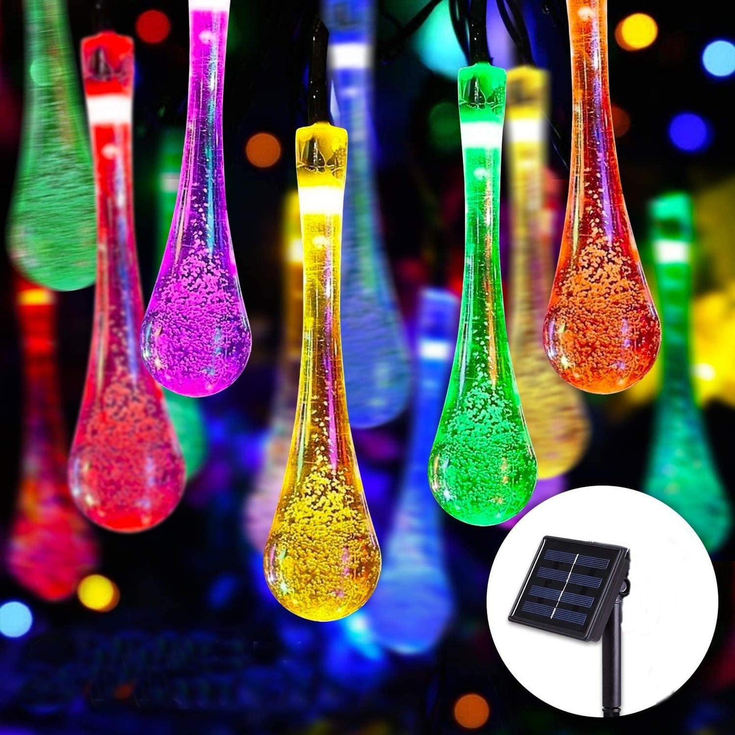Solar String Lights Outdoor, Waterproof Solar Fairy Light 21.3ft 30 LED 8 Modes Multi Color Water Drop Lighting for Garden Patio Indoor Party Bedroom Xmas Yard Porch Decoration