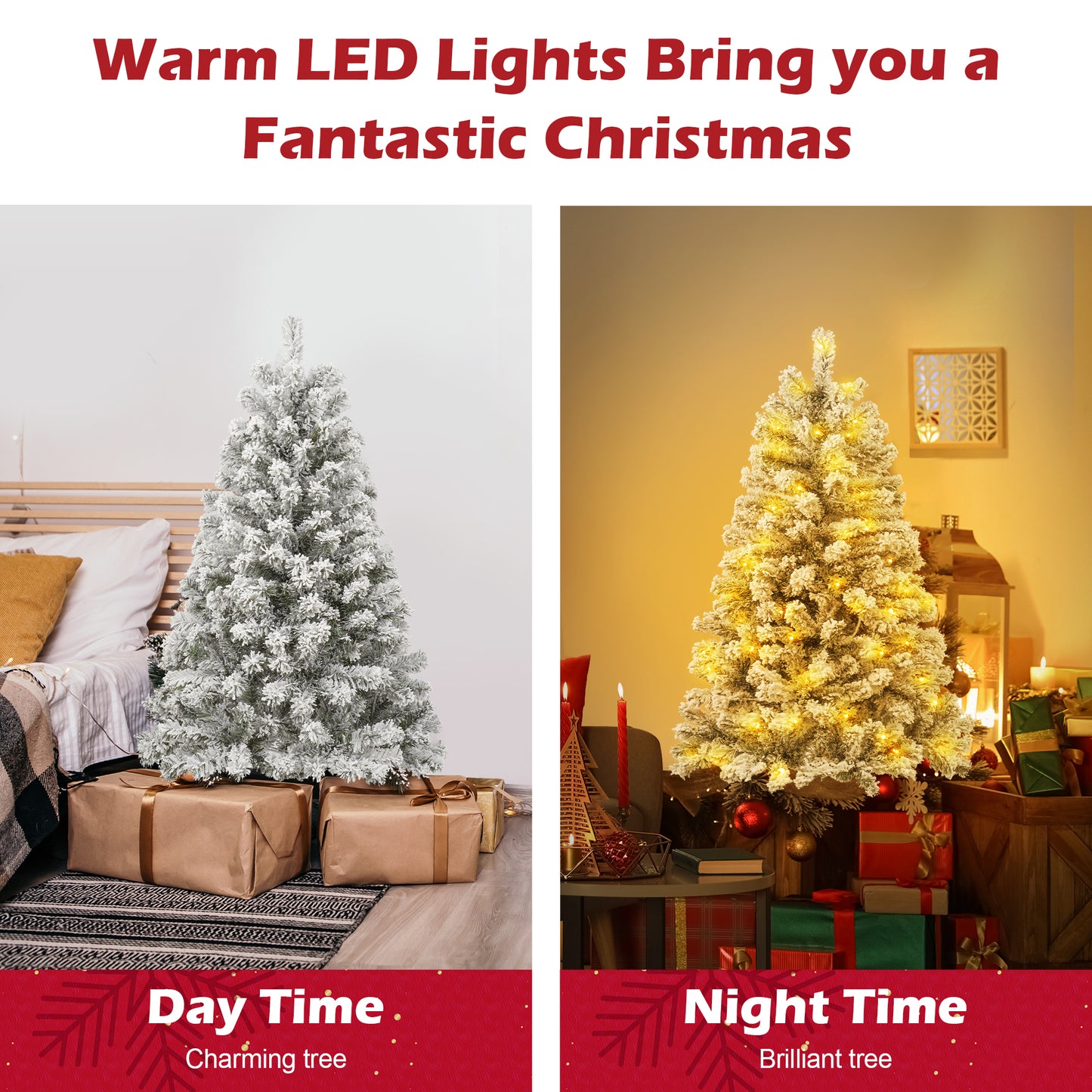 3.5 FT Pre-Lit Premium Snow Flocked Christmas Tree w/ 150 Lights 300 Tips, Hinged Artificial Holiday Xmas Christmas Decoration, Metal Base Stand, White