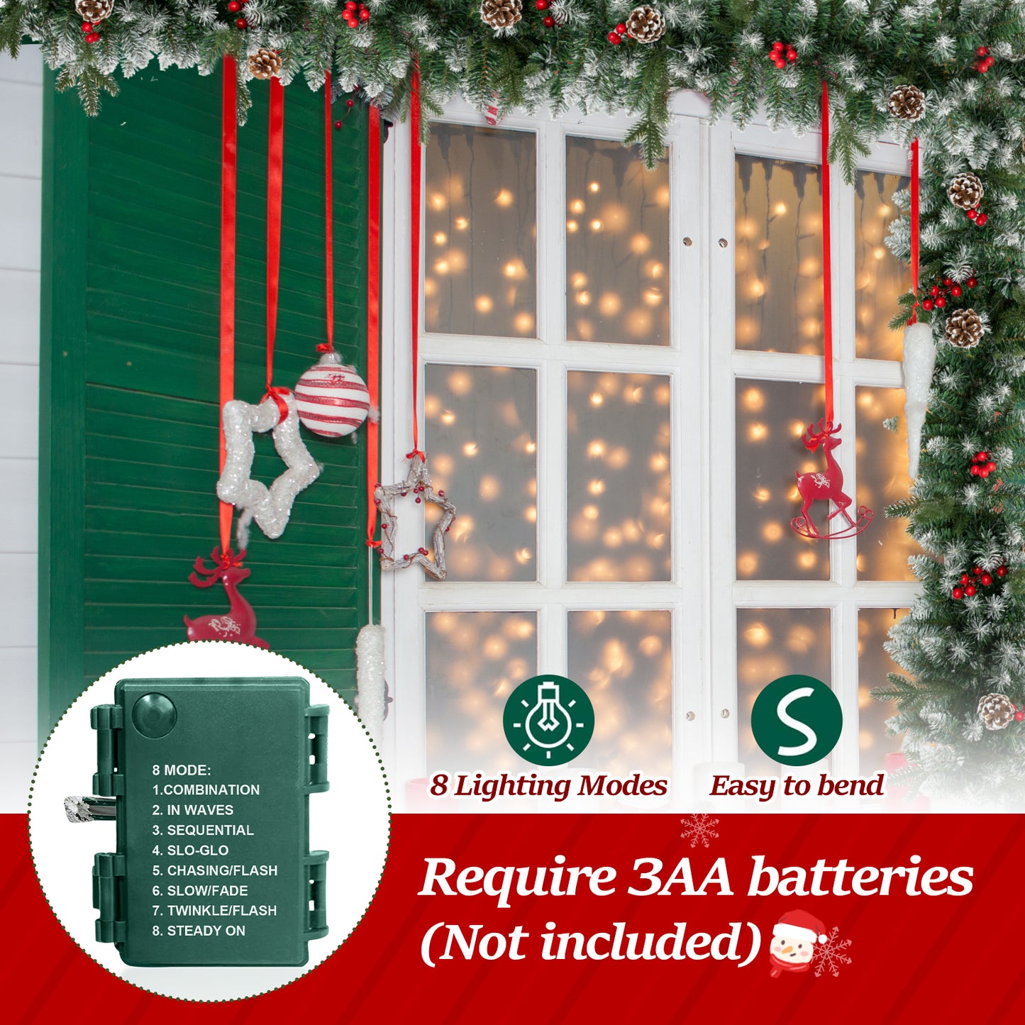Melliful 9FT Pre-Lit Christmas Garland with Lights, Red Berries Branches Pine Cones Artificial Christmas Decoration for Outdoor Indoor Decor