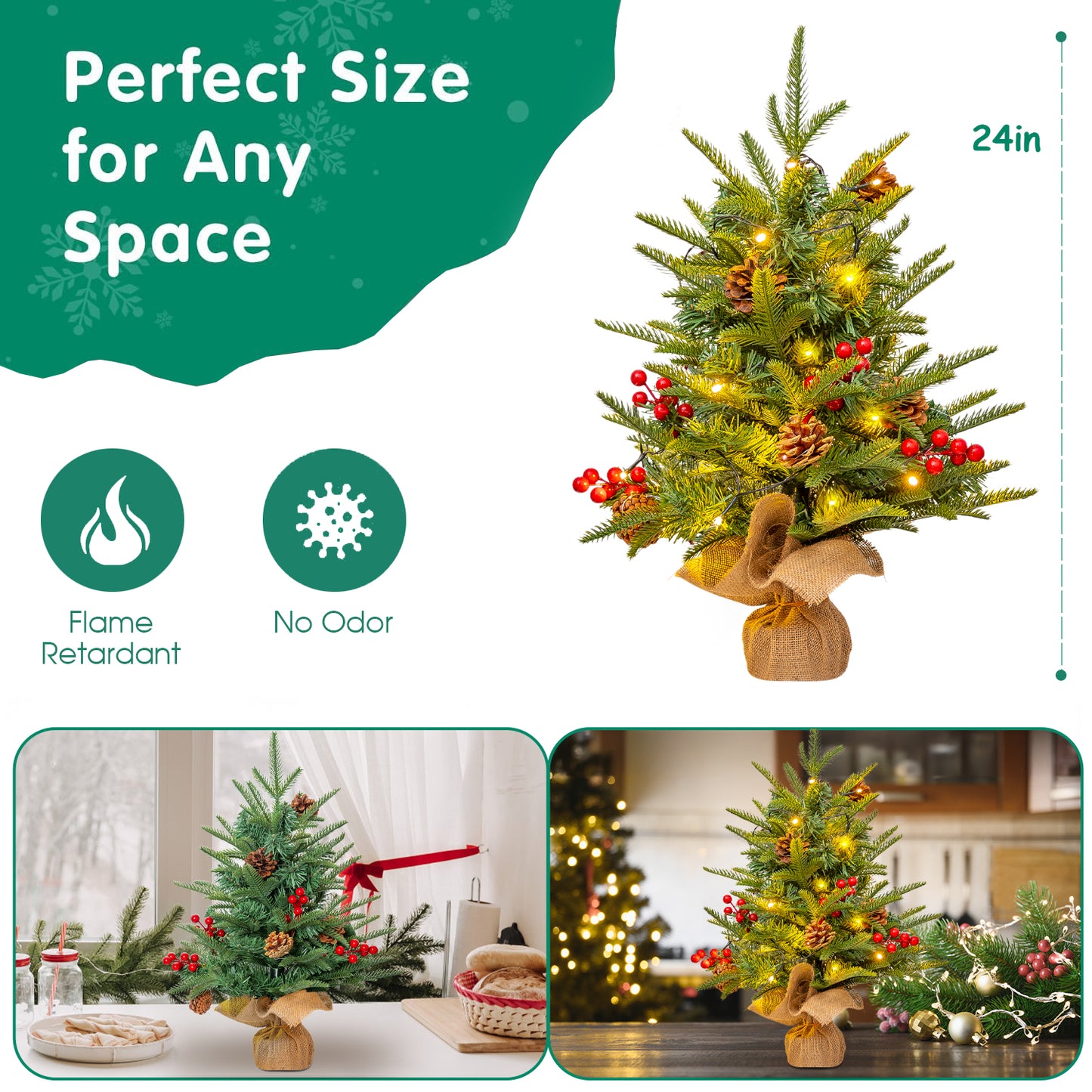 24 inch Tabletop Christmas Tree, Artificial Mini Christmas Tree Desktop Christmas Pine Tree with Hanging Ornaments and Stand for Christmas Holiday Decoration