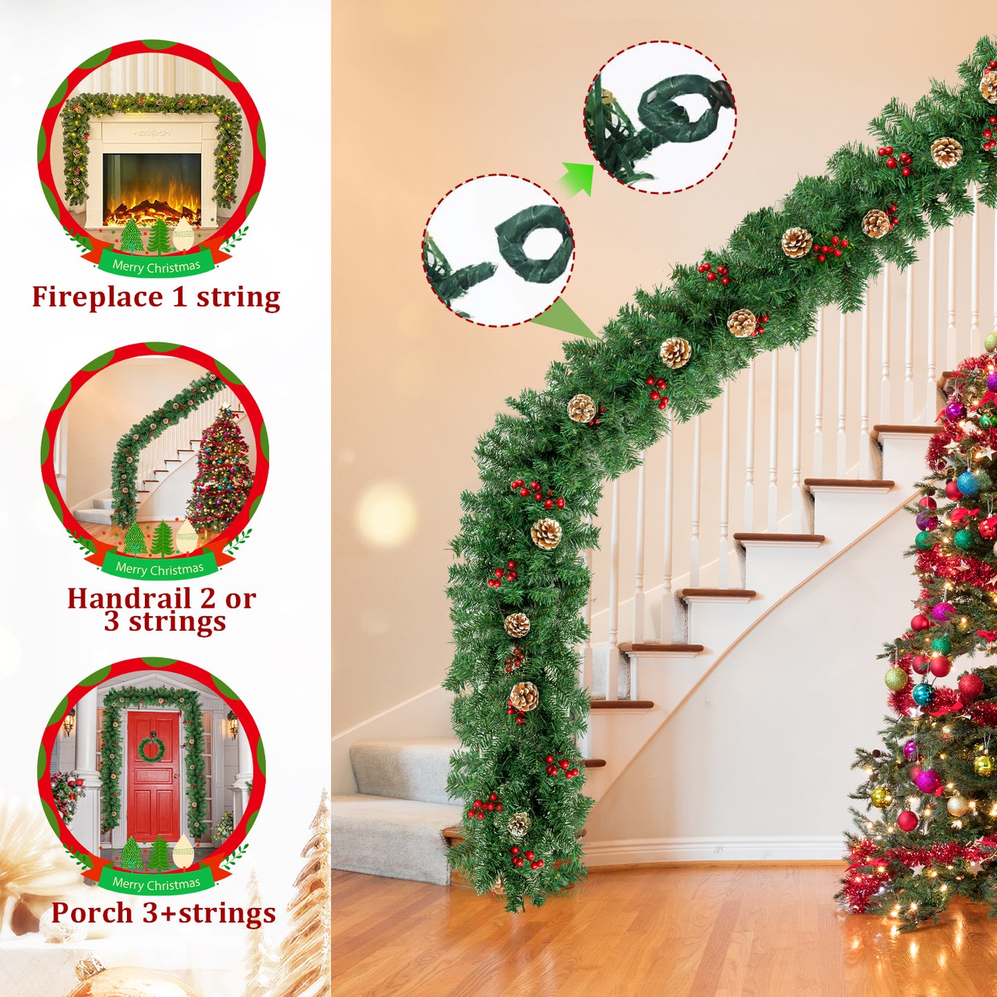 2 Pack Christmas Garland,9 ft Artificial Christmas Garland Outdoor with Pinecones and Red Berries for Xmas Holiday Decorations