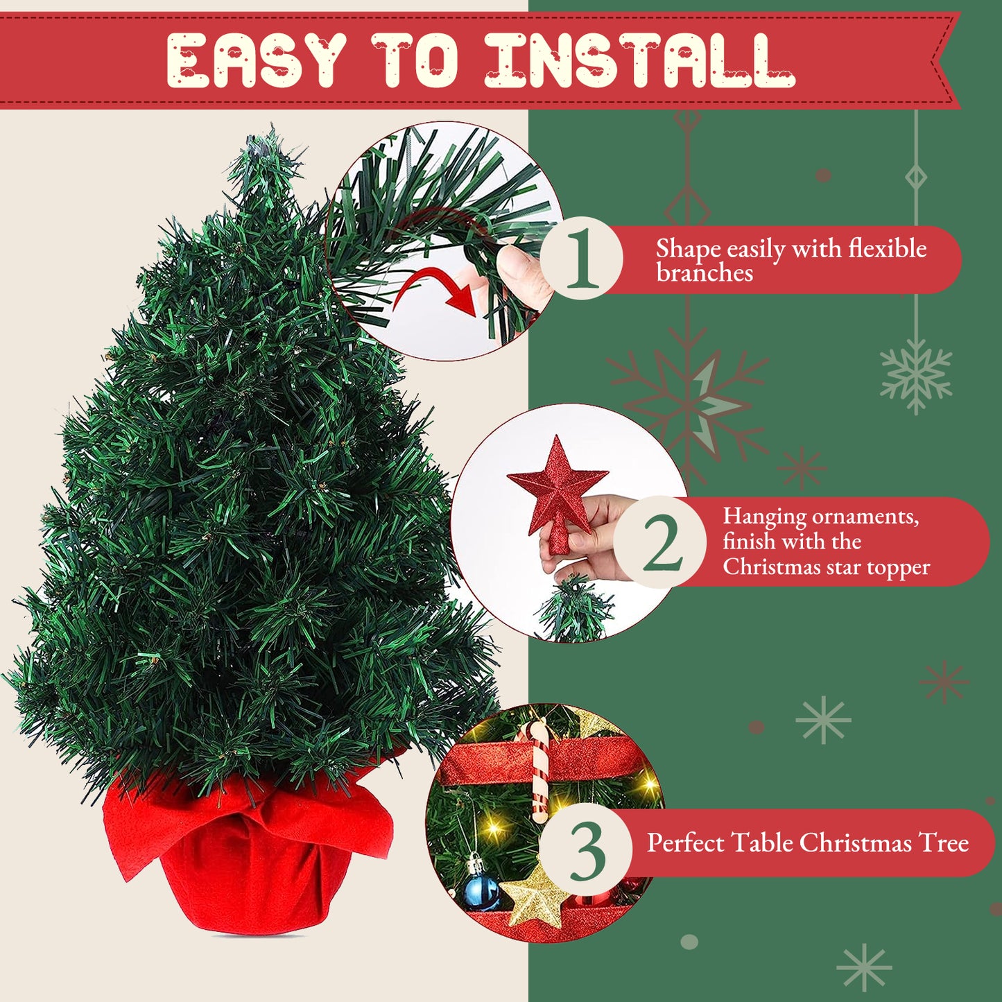 24" Pre-Li Tabletop Mini Christmas Tree Set with LED Light and Star Treetop Ornaments Balls Bells Pine Cones for Indoor Outdoor Xmas Decoration Home Fireplace Front Door, Include Wooden Base