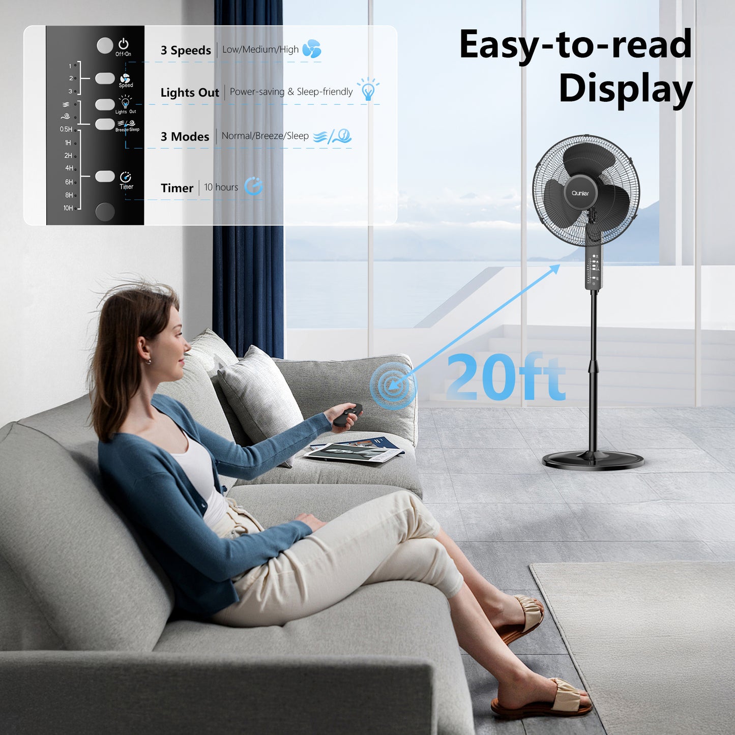 16'' Pedestal Oscillating Fan with Remote Control, Stand Up Fan Adjustable Height, 3-Speed, Electric Cooling Fans for Bedroom Home Office Use