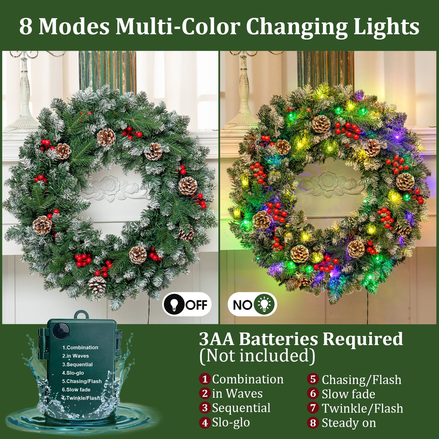 Posrue 24" Pre-Lit Christmas Wreaths, Outdoor Lighted Christmas Wreath for Front Door, Christmas Red Berries, Pine Cones Wreath, Xmas Wreath Decor for Window Fireplace Indoor, Green