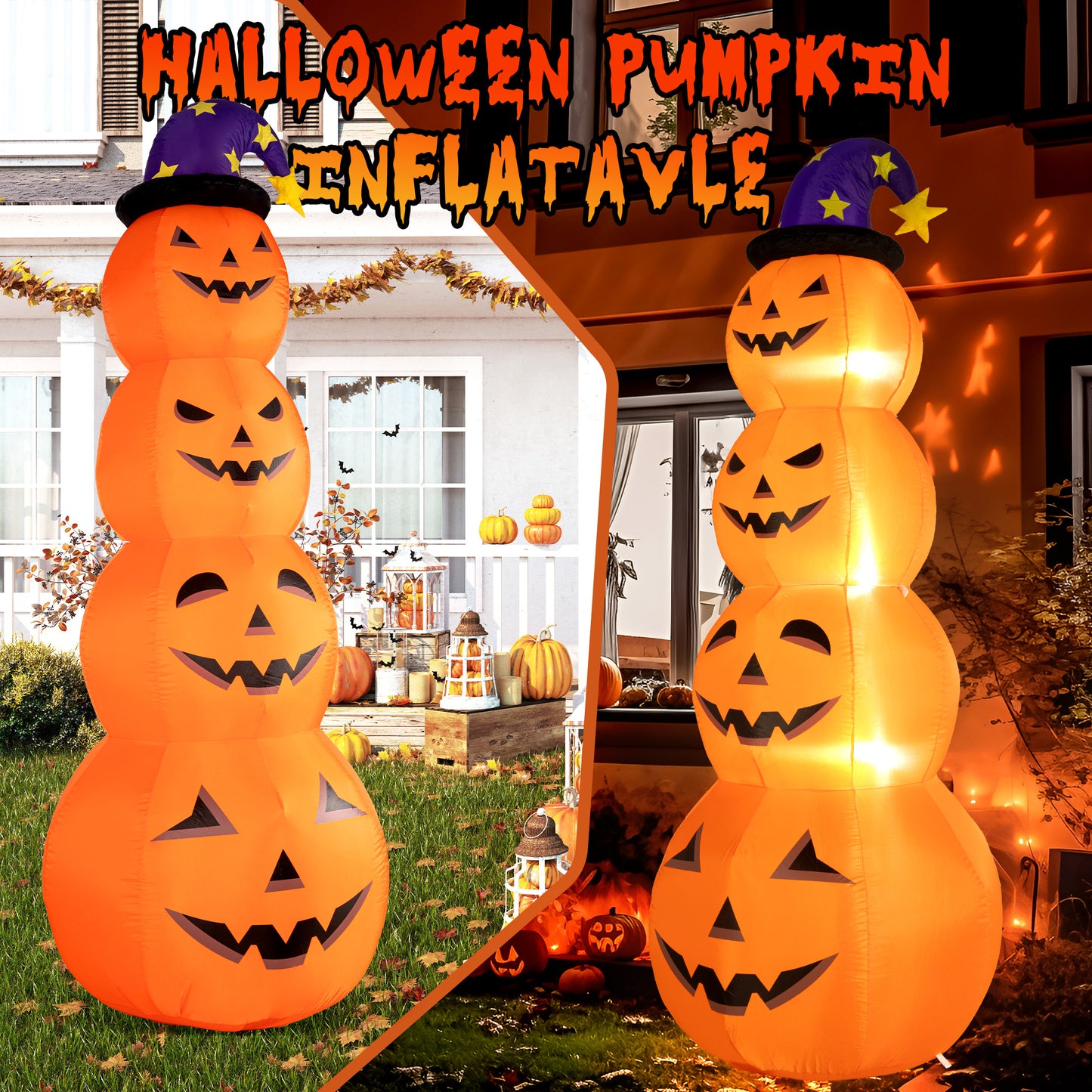 8 Ft Halloween Inflatable, Stacked Pumpkins with Witch Hat Inflatable with Build-in LED Lights, Blow up for Indoor Outdoor Lawn Yard Garden Home Party Halloween Decor, Orange