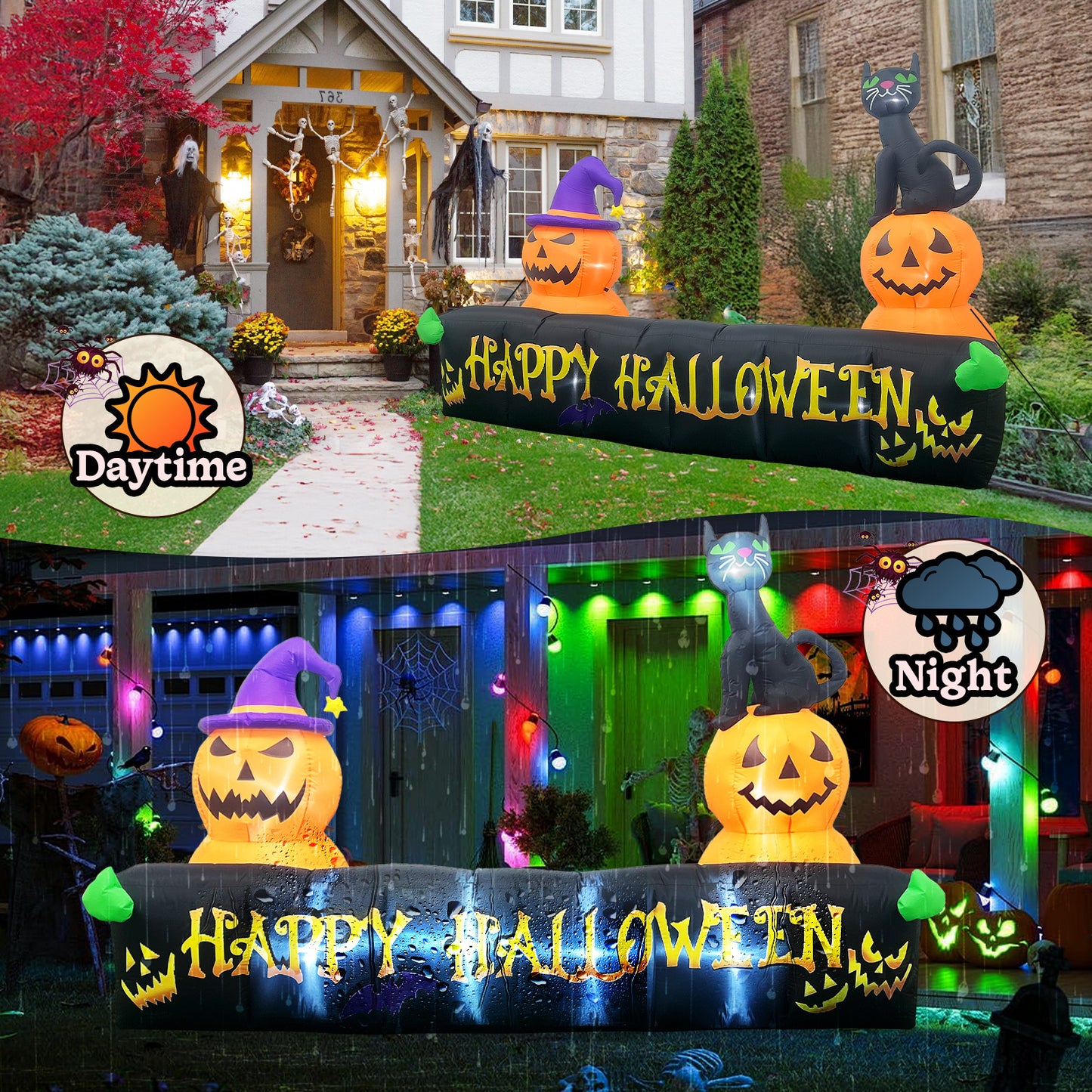 10Ft Long Halloween Inflatable Decorations with LED Lights, Happy Halloween Sign with Pumpkin and Cat for Yard Lawn Yard Home Party Indoor Outdoor