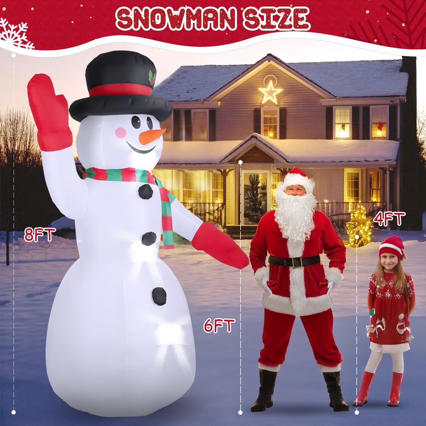 8ft Snowman Christmas Inflatables, Blow up with LED Lights Built-in for Holiday/Party/Yard/Garden Decoration