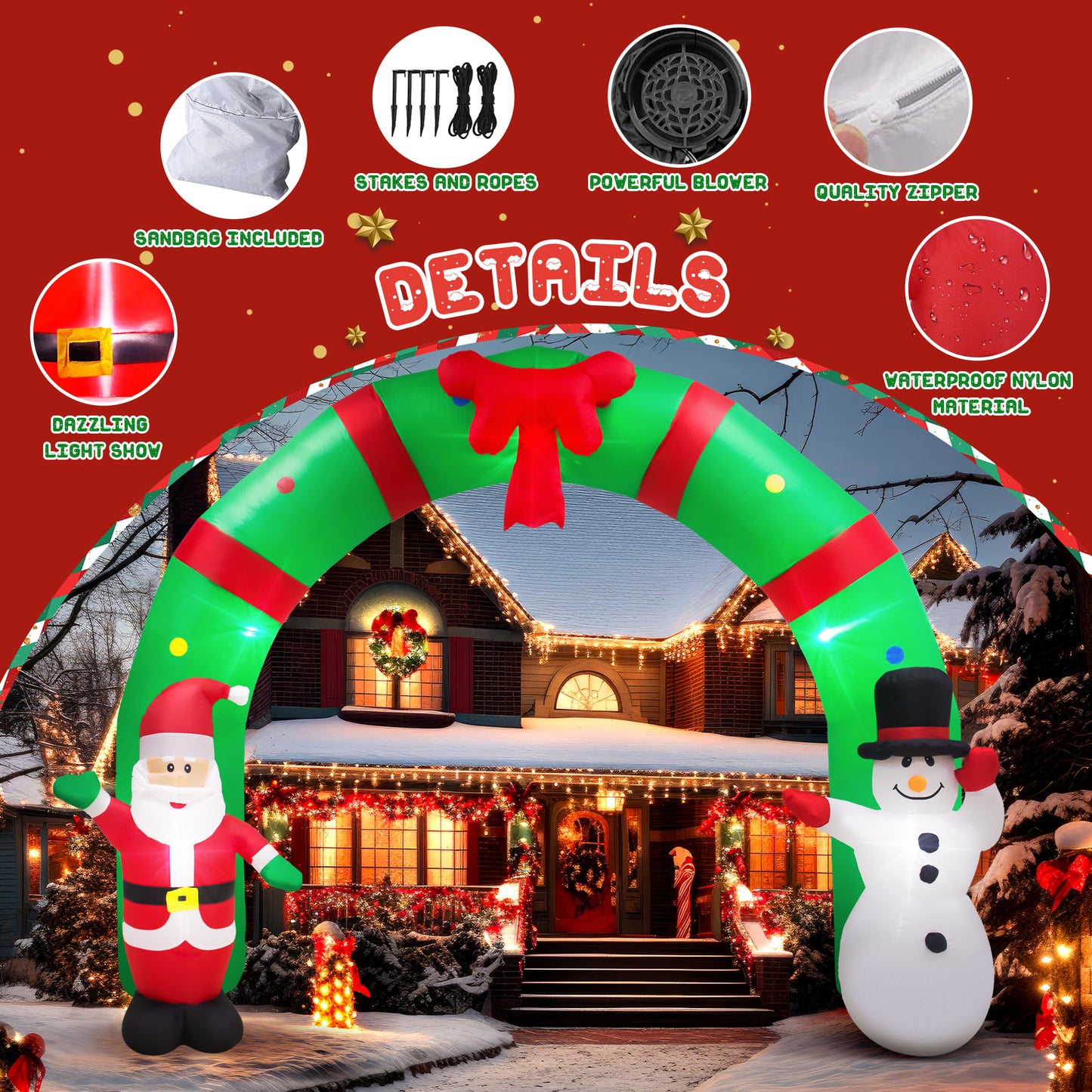 10ft Long Lighted Christmas Inflatable Archway Arch with Santa Claus and Snowman Inflatables Cute Indoor Outdoor Garden Yard Party LED Lights Prop Christmas Decoration
