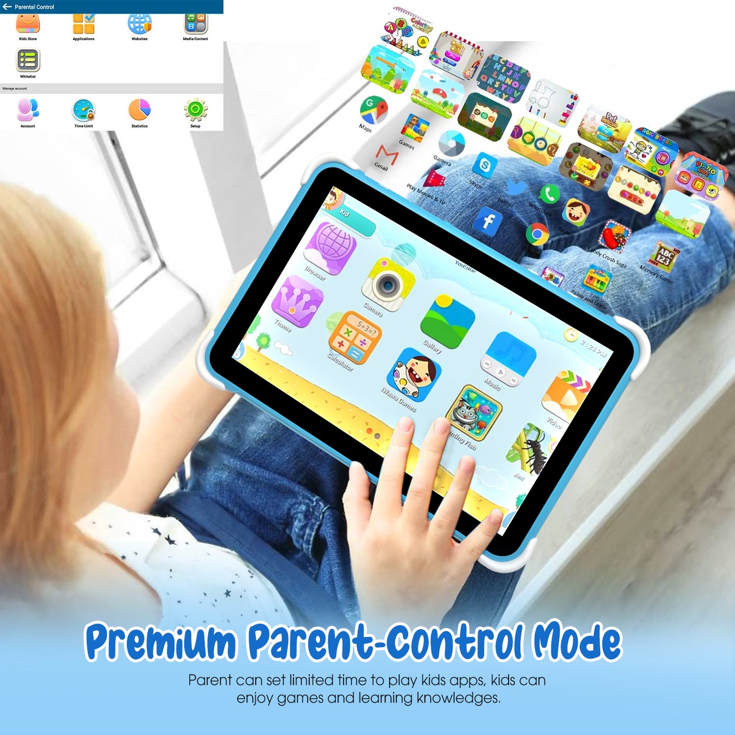 10.1 inch Kids Tablet, 64GB Storage WiFi Android 11 Tablet for Kids, HD Touch Screen, Parental Control, Learning Tablet with IWAWA Application, Children's Tablet with Blue Case S1