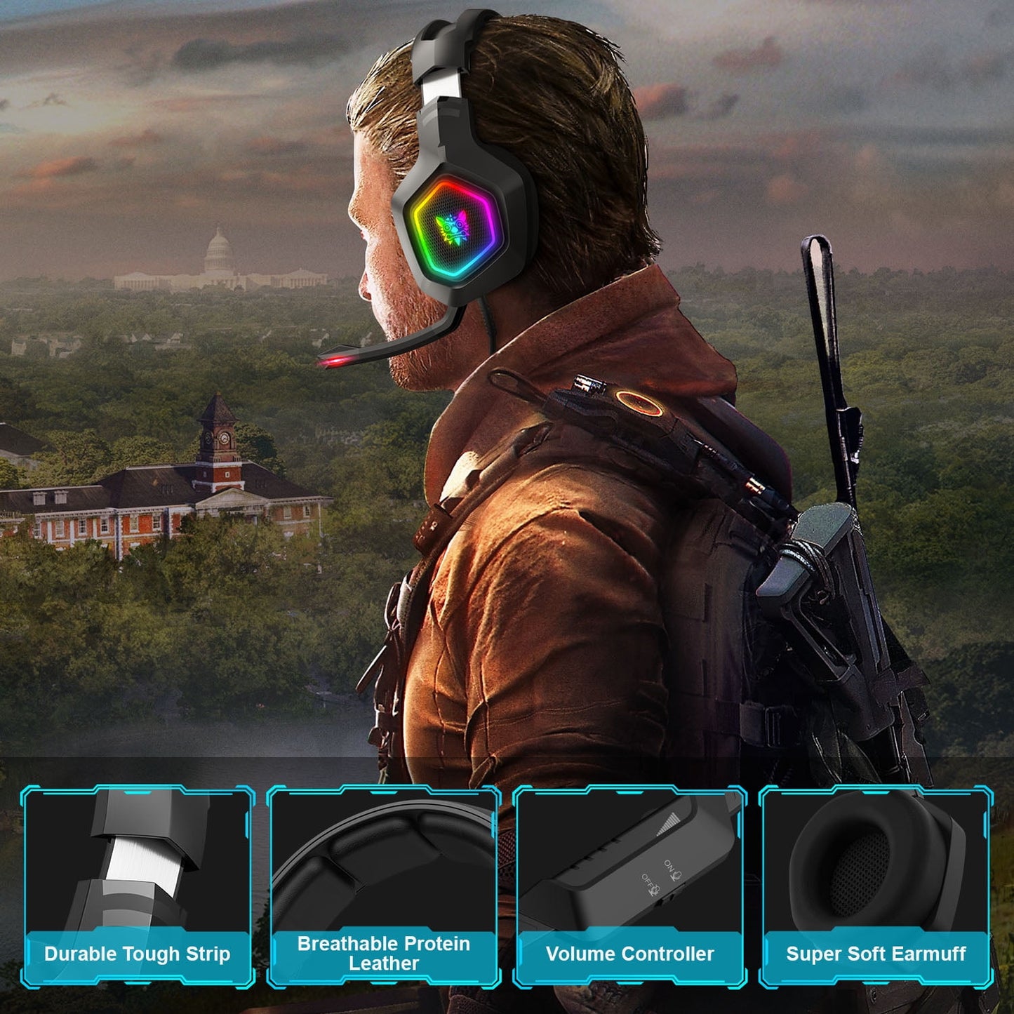 ONIKUMA K10 Gaming Headset,Stereo Bass Surround RGB Noise Cancelling Over Ear Headphones with Mic,for PS4 PS5 Xbox One PC Nintendo Switch Tablet Smartphone