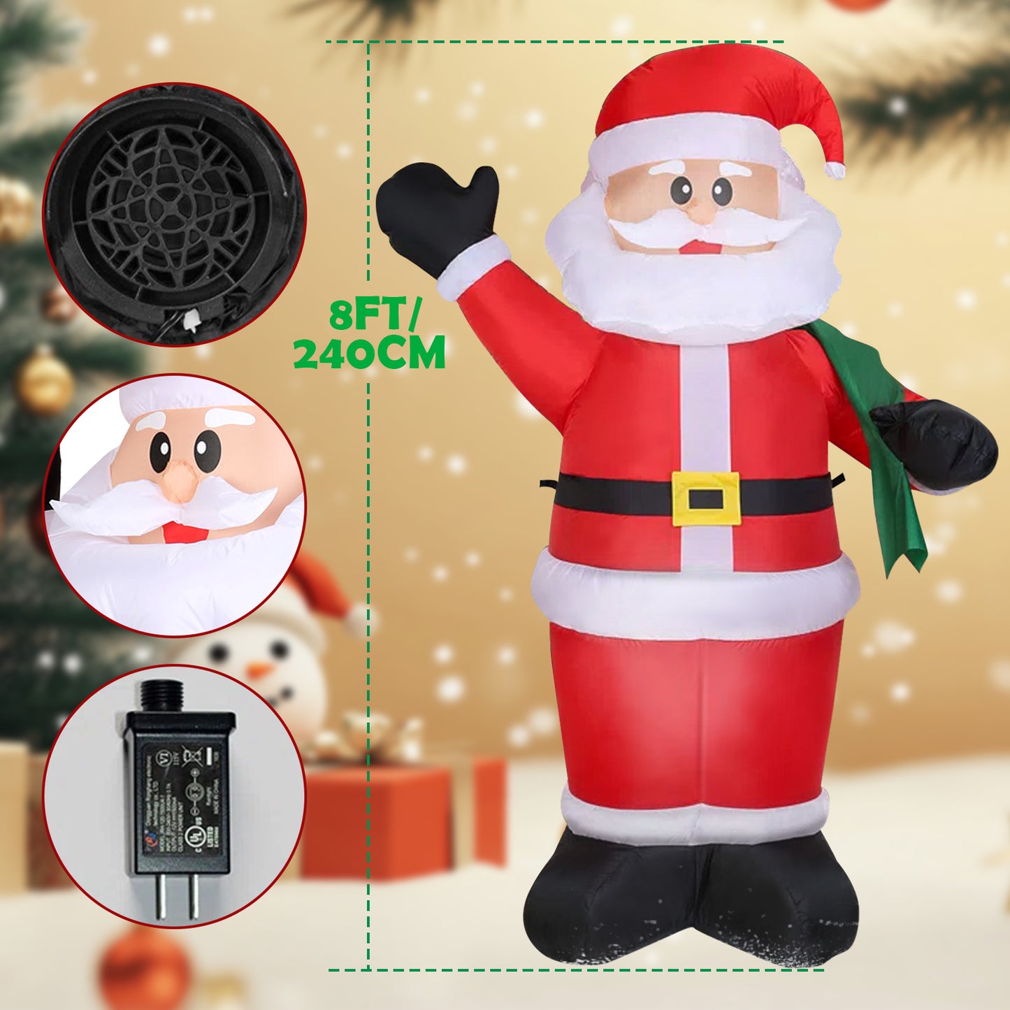 8ft Christmas Inflatable, Santa Christmas Inflatable Decoration with Build-in LEDs for Xmas Party Outdoor Yard Garden Lawn Winter Decor