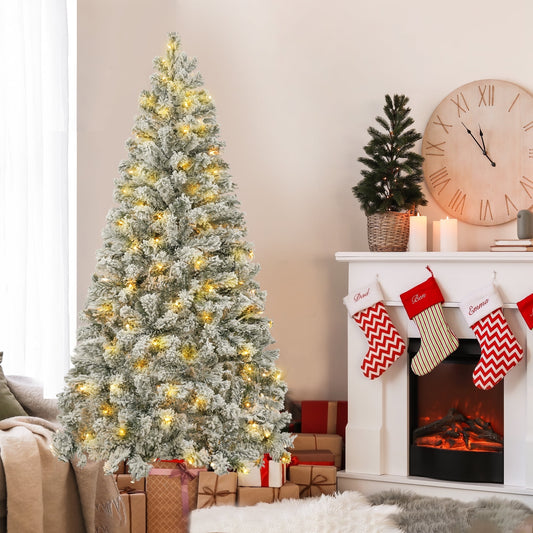 Posrue 5FT Pre-Lit Hinged Christmas Tree Snow Flocked with 600 Tips 200 Lights