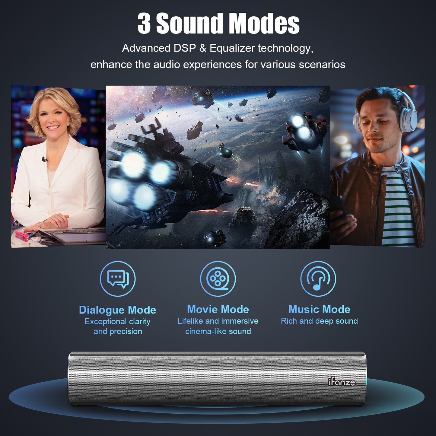 Posrue Sound Bar, 16 inch Bluetooth TV Speaker with Remote & 2 Built-in Full-frequency Speakers, 50W Wireless Soundbar for TV Home Theater & Audio, Iron Gray