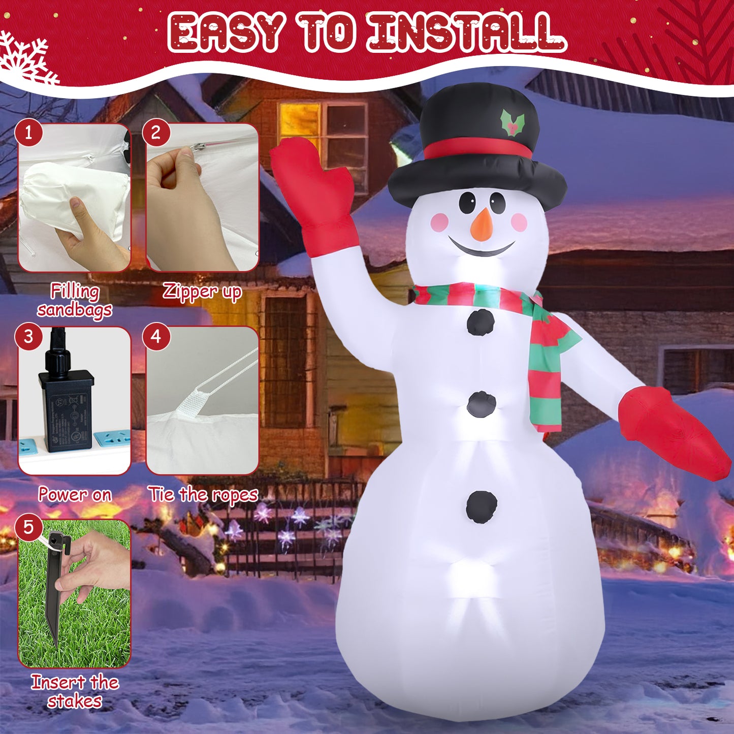 8ft Snowman Christmas Inflatables, Blow up with LED Lights Built-in for Holiday/Party/Yard/Garden Decoration