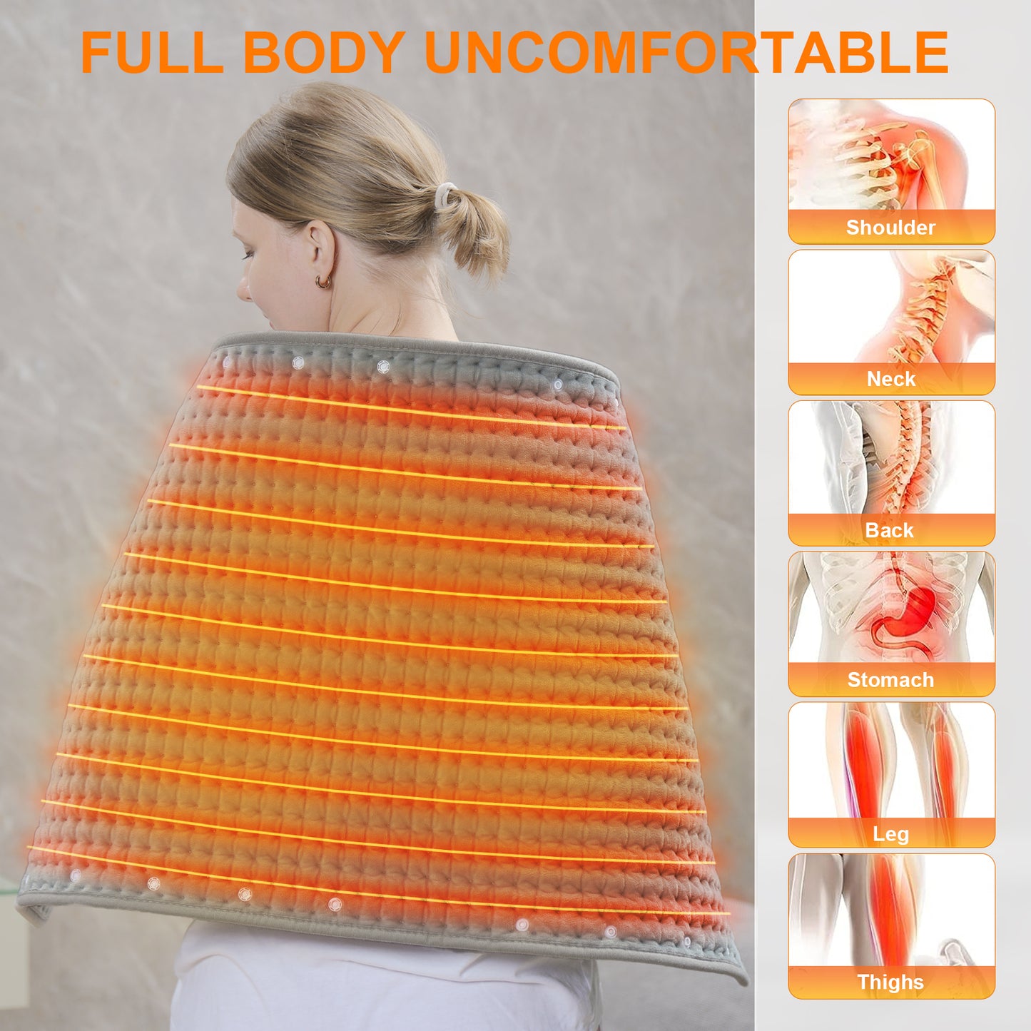 39" x 19" Electric Heating Pad for Back Muscle Relieve Dry & Moist Heat Therapy, 10 Electric Temperature Options, 3 Timer Settings Machine Washable(Silver Gray)