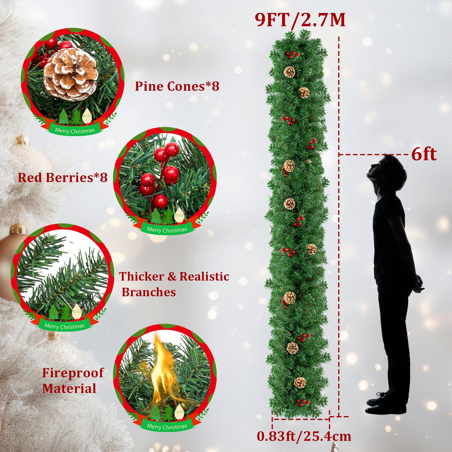 2 Pack Christmas Garland,9 ft Artificial Christmas Garland Outdoor with Pinecones and Red Berries for Xmas Holiday Decorations