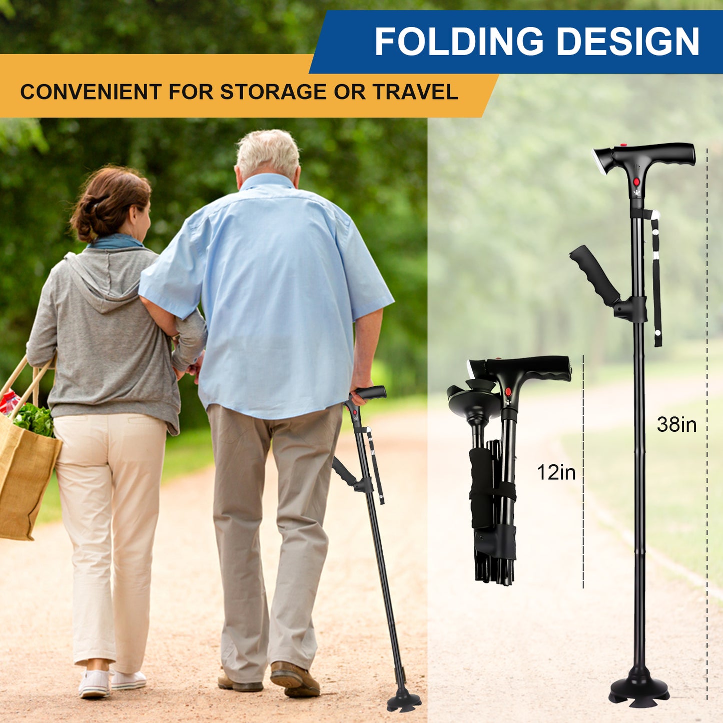 Walking Canes for Men & Women, Folding Canes with LED Flashlight, Fall Alarm, Heavy Duty, Pivot Tip, Foldable Walking Sticks for Seniors & Adults Balance