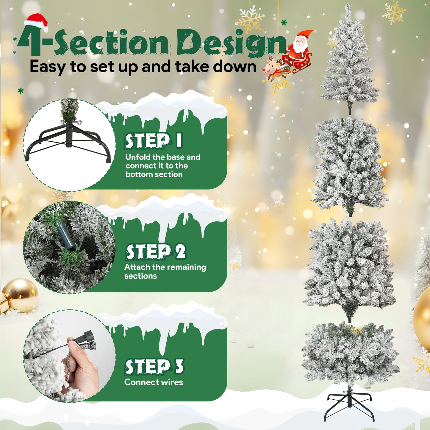 7.5FT Pre-Lit Snow Flocked Pencil Christmas Tree, 250 Lights 1000 Tips Artificial Xmas Tree with 8 Light-Modes, Metal Base Stand for Home Holiday Decoration, White