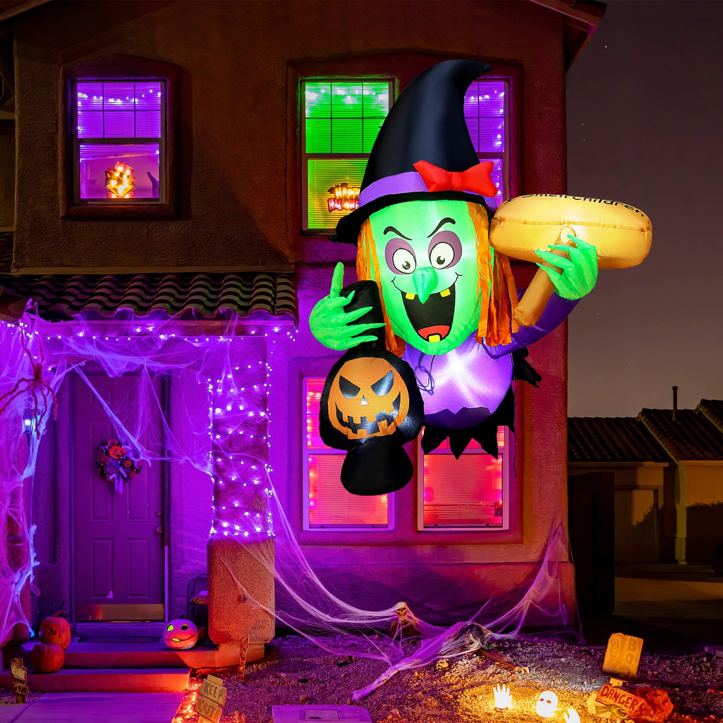 Posrue 4ft Halloween Inflatable Scary Witch Rush Out of Window ,with Built-in LED Lights, Inflatable for Halloween Party Indoor, Outdoor, Patio, Garden, Lawn Decoration
