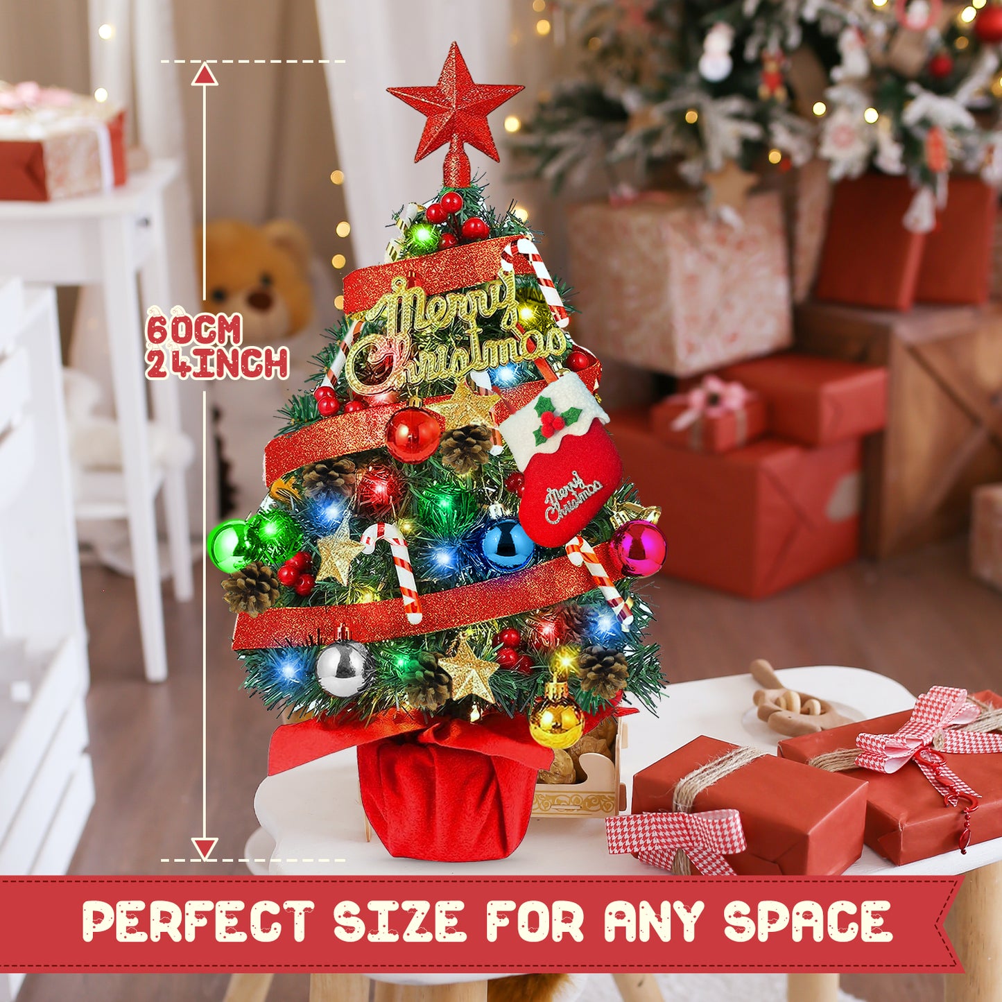 24" Pre-Li Tabletop Mini Christmas Tree Set with LED Light and Star Treetop Ornaments Balls Bells Pine Cones for Indoor Outdoor Xmas Decoration Home Fireplace Front Door, Include Wooden Base