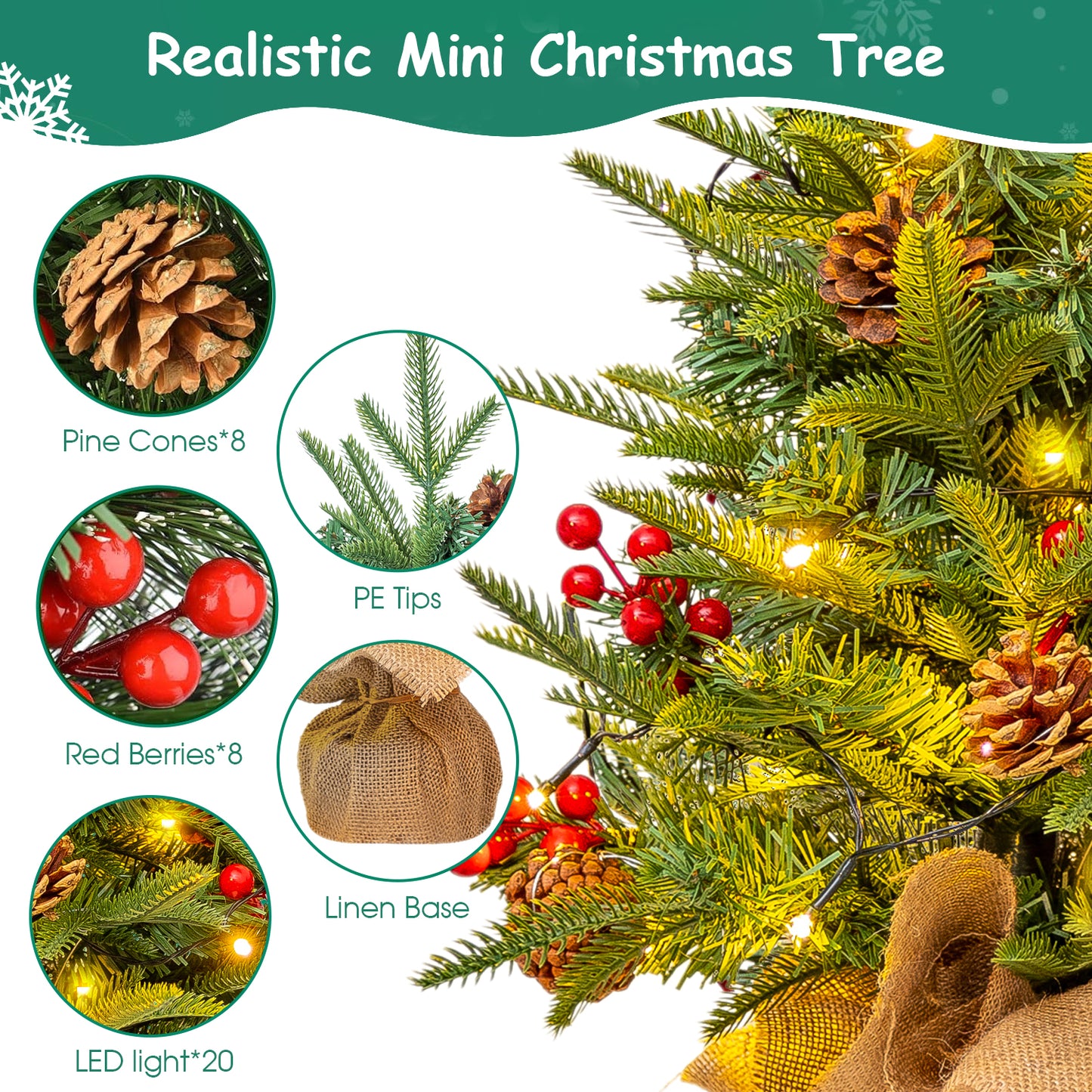 24 inch Tabletop Christmas Tree, Artificial Mini Christmas Tree Desktop Christmas Pine Tree with Hanging Ornaments and Stand for Christmas Holiday Decoration