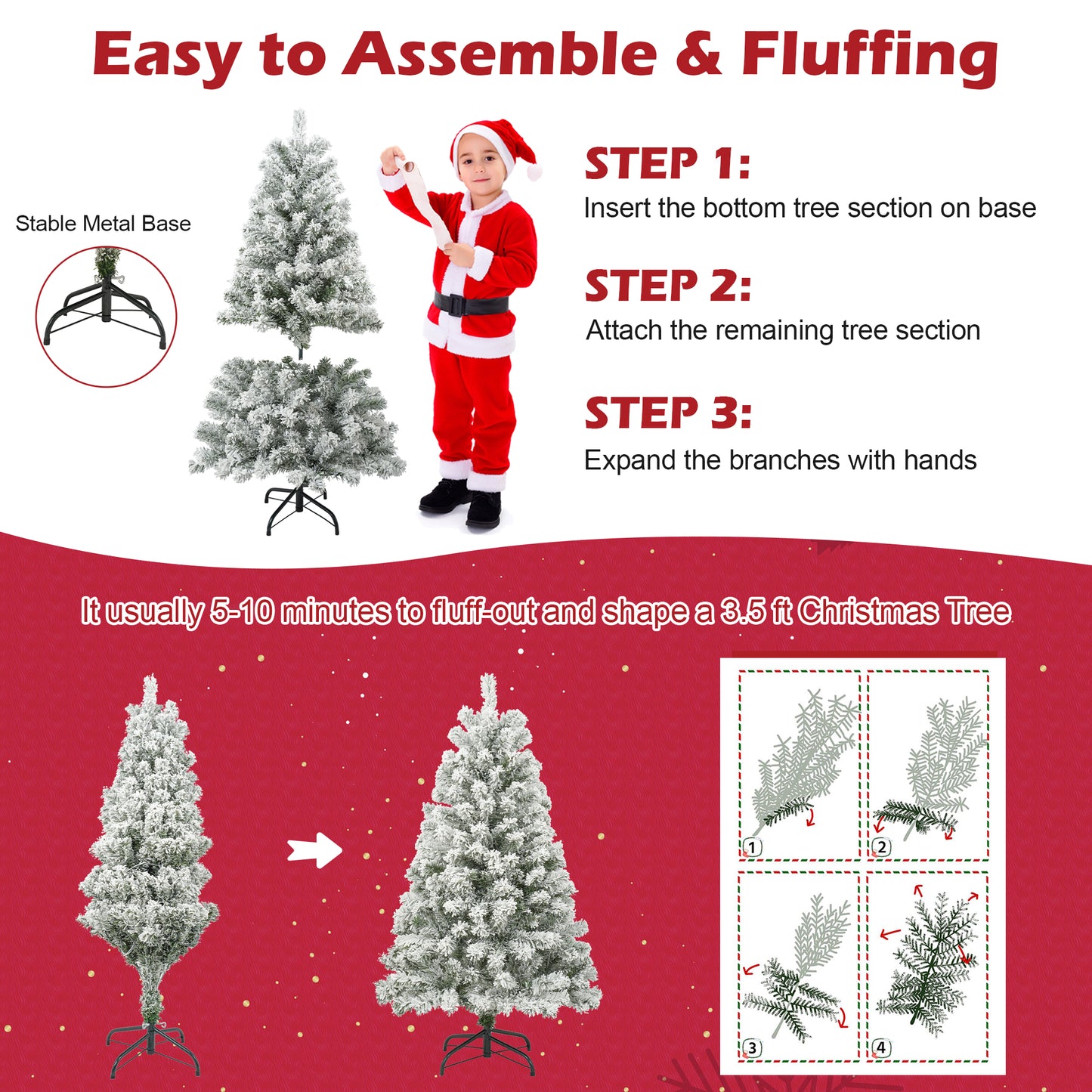 3.5 FT Pre-Lit Premium Snow Flocked Christmas Tree w/ 150 Lights 300 Tips, Hinged Artificial Holiday Xmas Christmas Decoration, Metal Base Stand, White