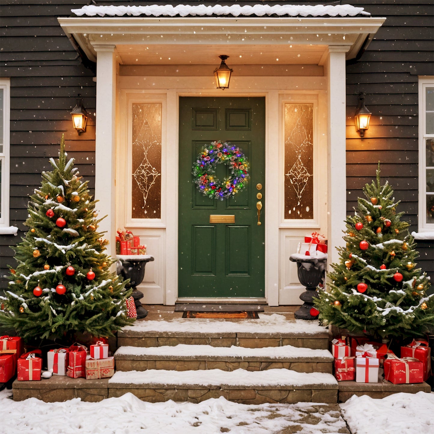 Posrue 24" Pre-Lit Christmas Wreaths, Outdoor Lighted Christmas Wreath for Front Door, Christmas Red Berries, Pine Cones Wreath, Xmas Wreath Decor for Window Fireplace Indoor, Green