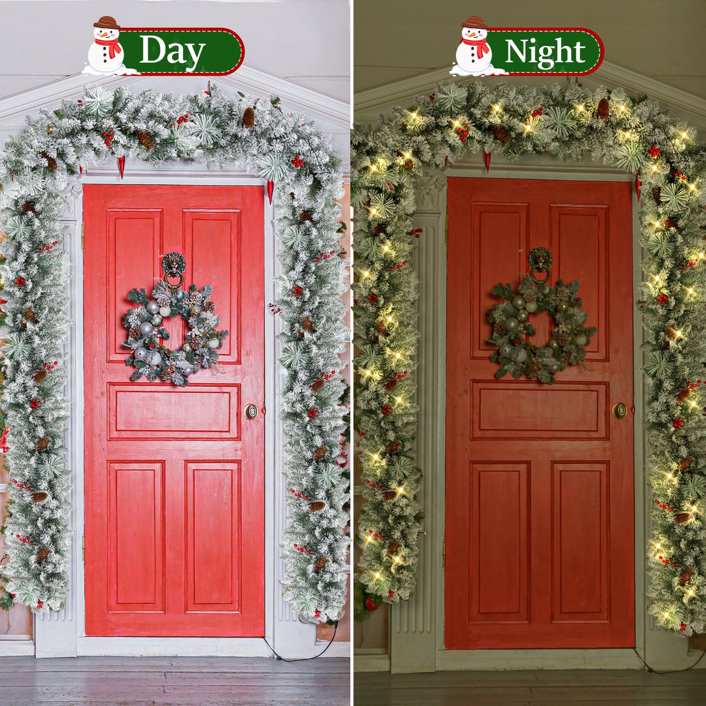 9FT Pre-Lit Christmas Garland with LED Lights, Snow Flocked Xmas Garland for Outdoor Indoor Xmas Decoration Home Fireplace Front Stairs Railing Decor, Battery Operated