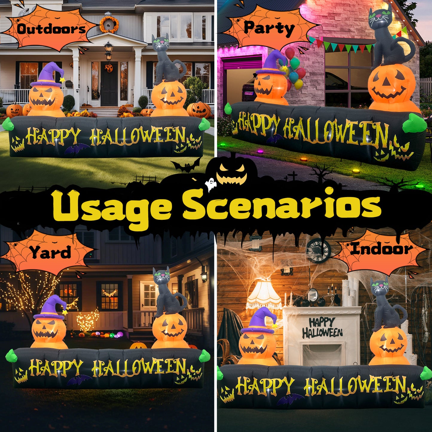 10Ft Long Halloween Inflatable Decorations with LED Lights, Happy Halloween Sign with Pumpkin and Cat for Yard Lawn Yard Home Party Indoor Outdoor