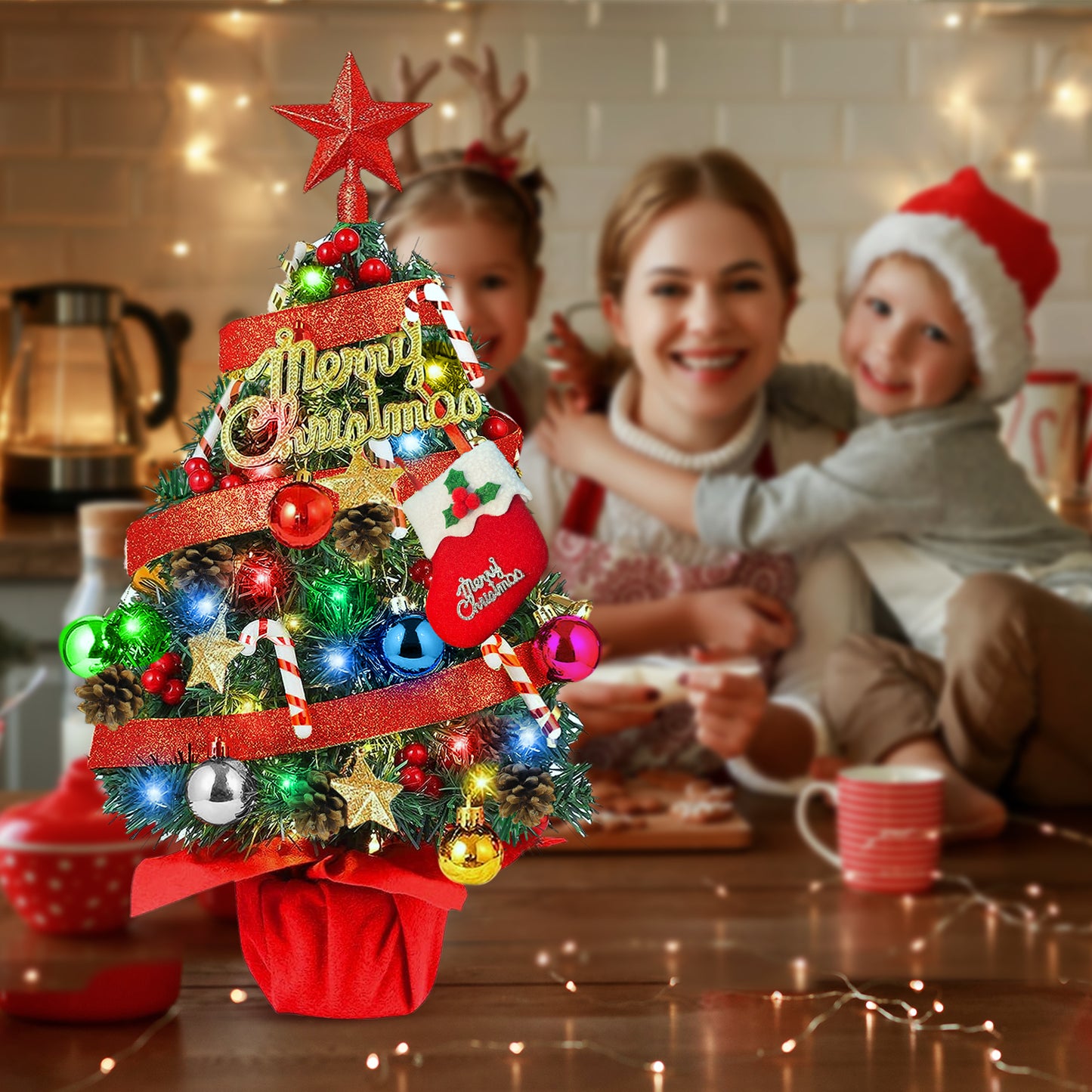 24" Pre-Li Tabletop Mini Christmas Tree Set with LED Light and Star Treetop Ornaments Balls Bells Pine Cones for Indoor Outdoor Xmas Decoration Home Fireplace Front Door, Include Wooden Base