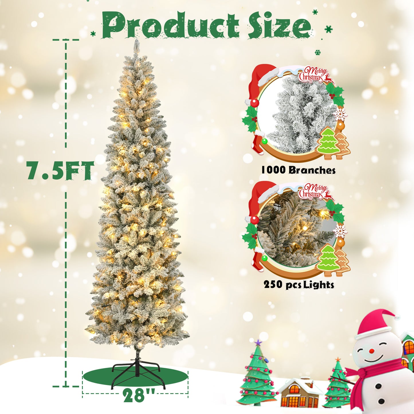 7.5FT Pre-Lit Snow Flocked Pencil Christmas Tree, 250 Lights 1000 Tips Artificial Xmas Tree with 8 Light-Modes, Metal Base Stand for Home Holiday Decoration, White