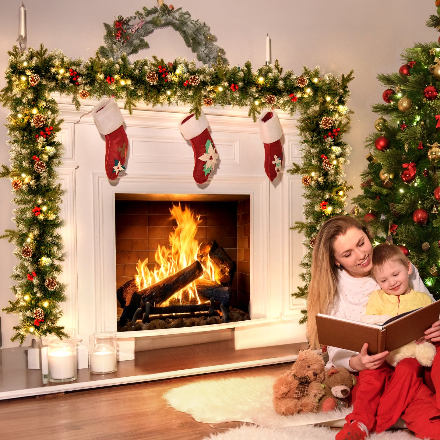 Melliful 9FT Pre-Lit Christmas Garland with Lights, Red Berries Branches Pine Cones Artificial Christmas Decoration for Outdoor Indoor Decor