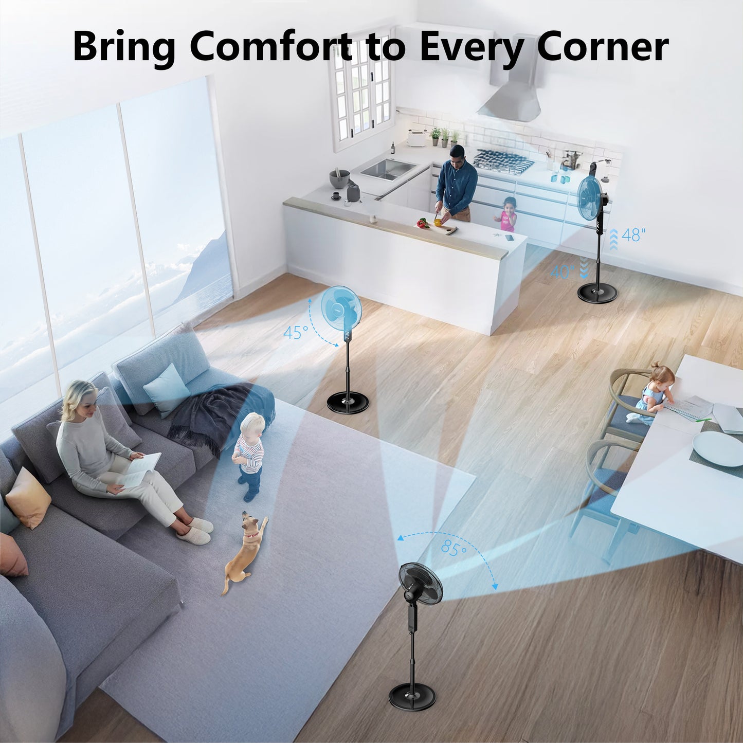 16'' Pedestal Oscillating Fan with Remote Control, Stand Up Fan Adjustable Height, 3-Speed, Electric Cooling Fans for Bedroom Home Office Use